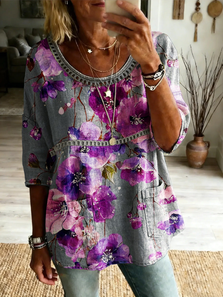Women's Retro Casual Style Print Vintage Half Sleeves Shirt
